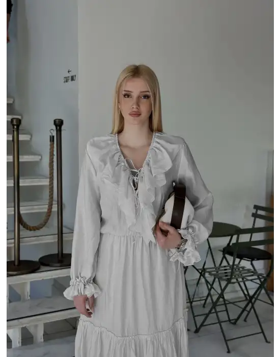 Olivette Kırık Beyaz Fırfırlı Premium Astarlı Tam Boy Elbise