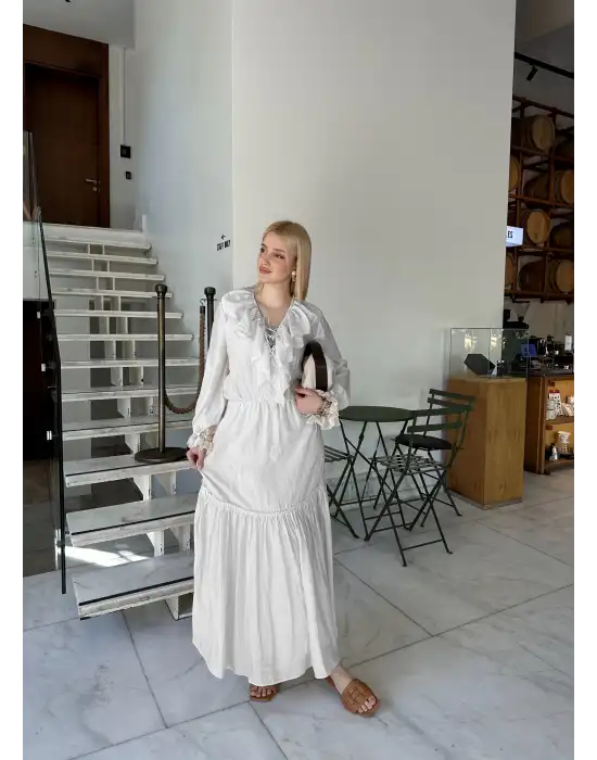 Olivette Kırık Beyaz Fırfırlı Premium Astarlı Tam Boy Elbise