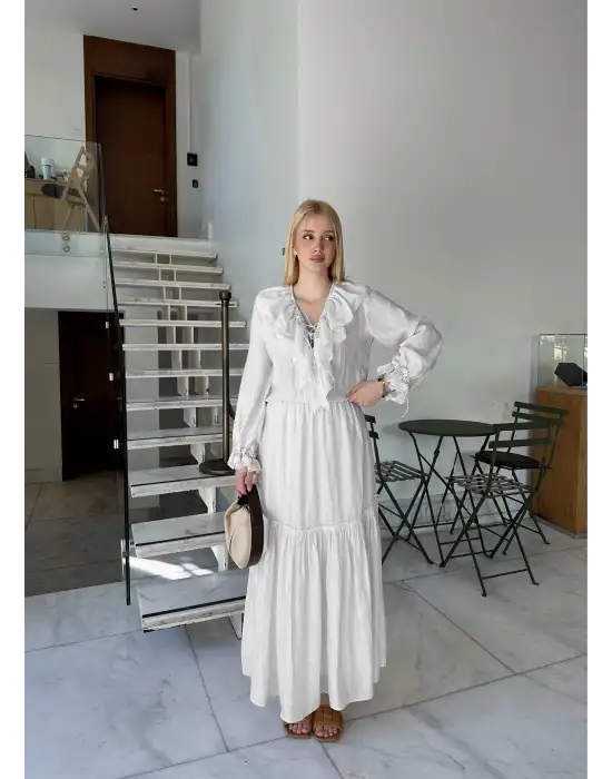 Olivette Kırık Beyaz Fırfırlı Premium Astarlı Tam Boy Elbise