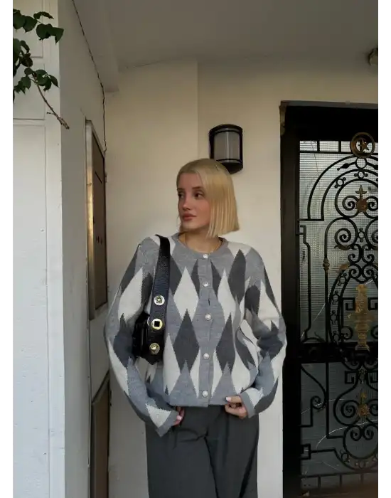 Otto Gri Baklava Desen Düğmeli Triko Kazak