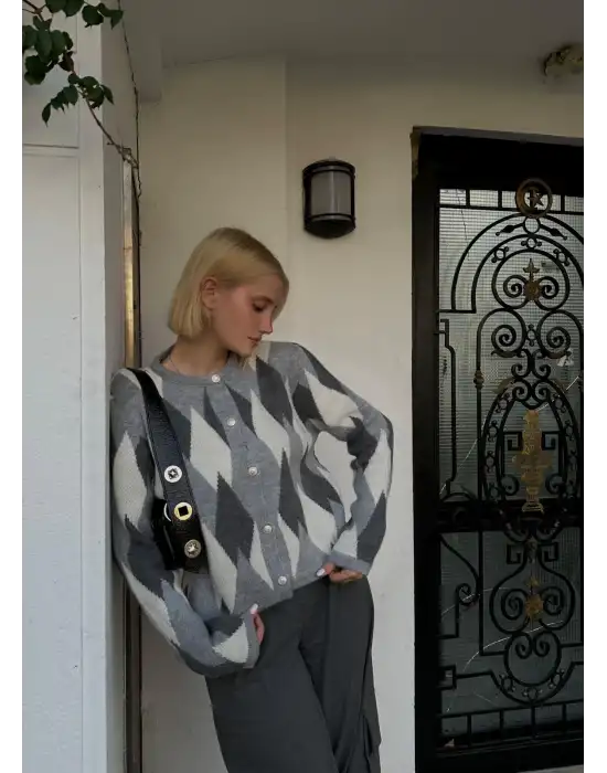 Otto Gri Baklava Desen Düğmeli Triko Kazak