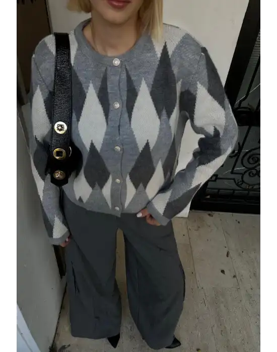 Otto Gri Baklava Desen Düğmeli Triko Kazak