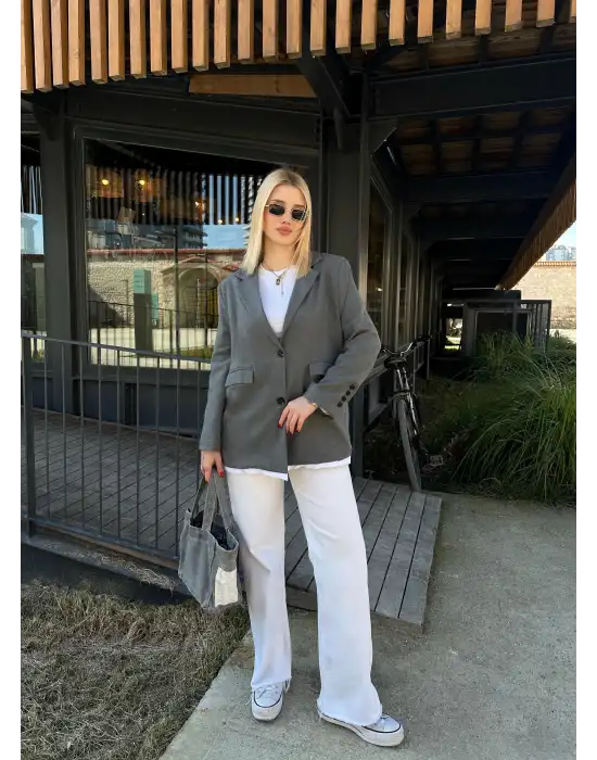 Parte Baskılı Önden Düğmeli Oversize Blazer Ceket