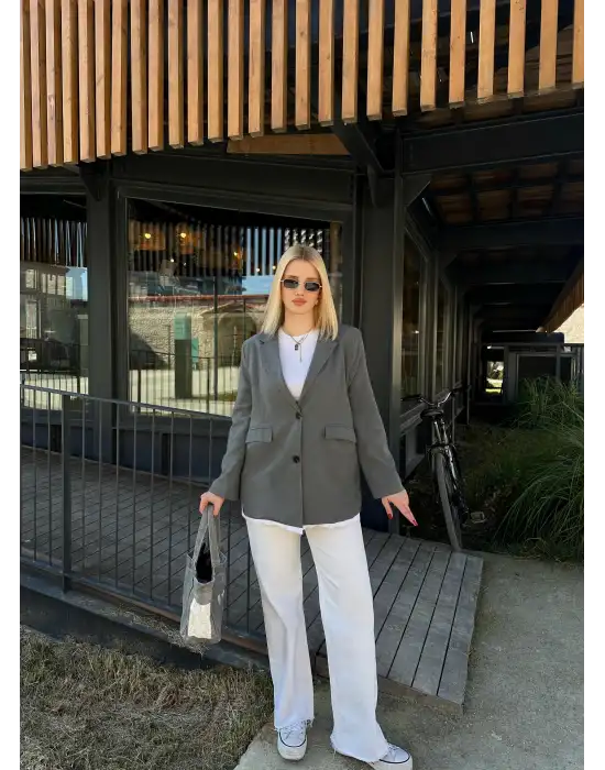 Parte Baskılı Önden Düğmeli Oversize Blazer Ceket