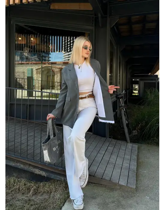 Parte Baskılı Önden Düğmeli Oversize Blazer Ceket