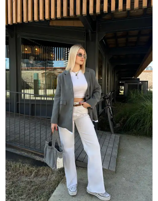 Parte Baskılı Önden Düğmeli Oversize Blazer Ceket