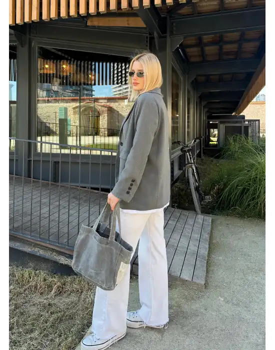 Parte Baskılı Önden Düğmeli Oversize Blazer Ceket