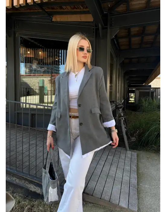 Parte Baskılı Önden Düğmeli Oversize Blazer Ceket