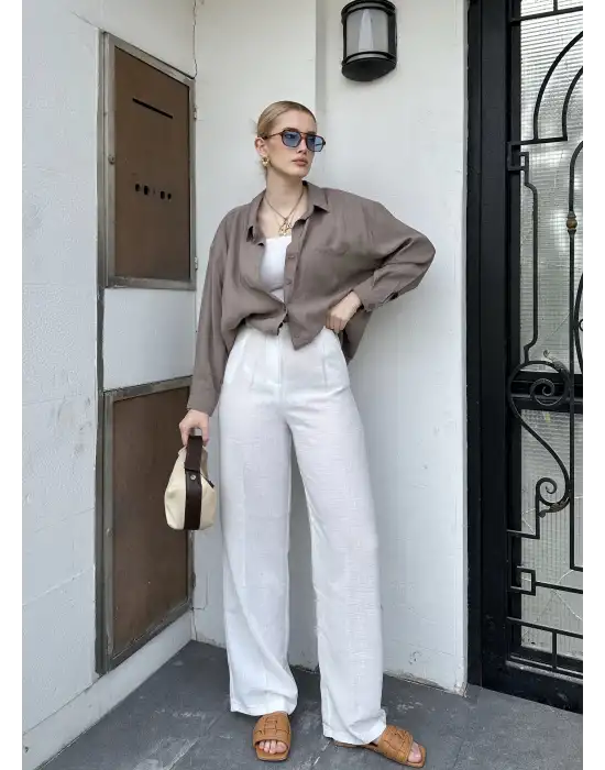 Pema Müslin Keten Düğmeli Beyaz Palazzo Pantolon