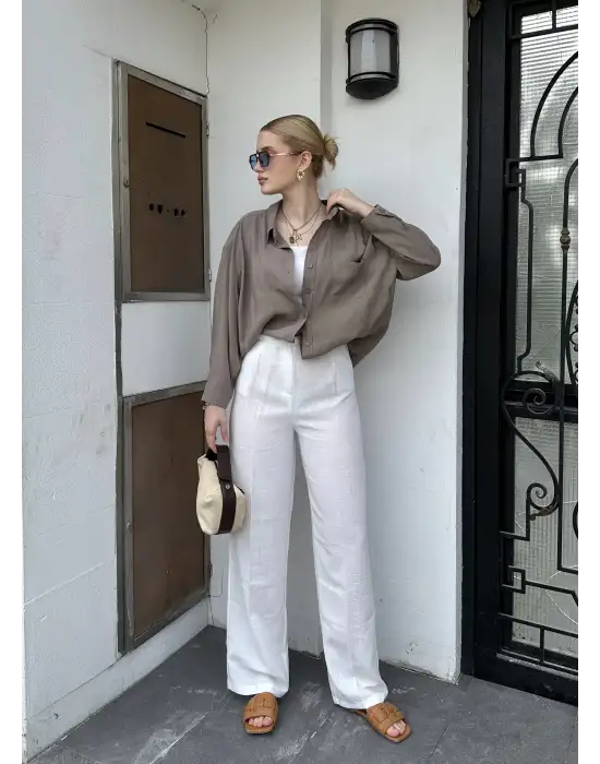 Pema Müslin Keten Düğmeli Beyaz Palazzo Pantolon