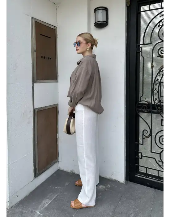 Pema Müslin Keten Düğmeli Beyaz Palazzo Pantolon