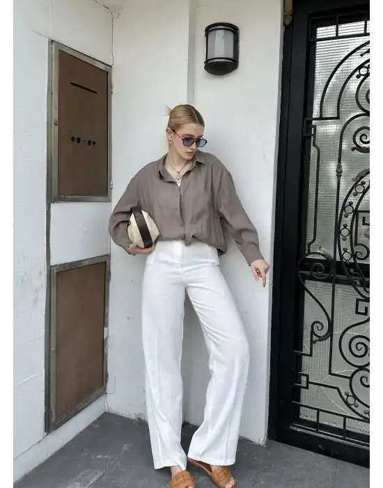 Pema Müslin Keten Düğmeli Beyaz Palazzo Pantolon