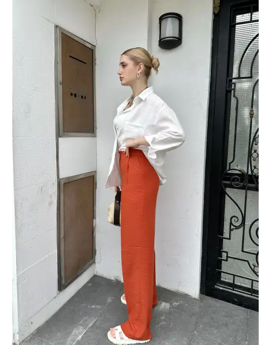 Pema Müslin Keten Düğmeli Kiremit Palazzo Pantolon