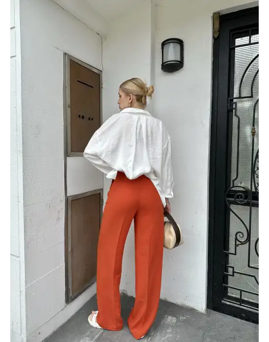 Pema Müslin Keten Düğmeli Kiremit Palazzo Pantolon