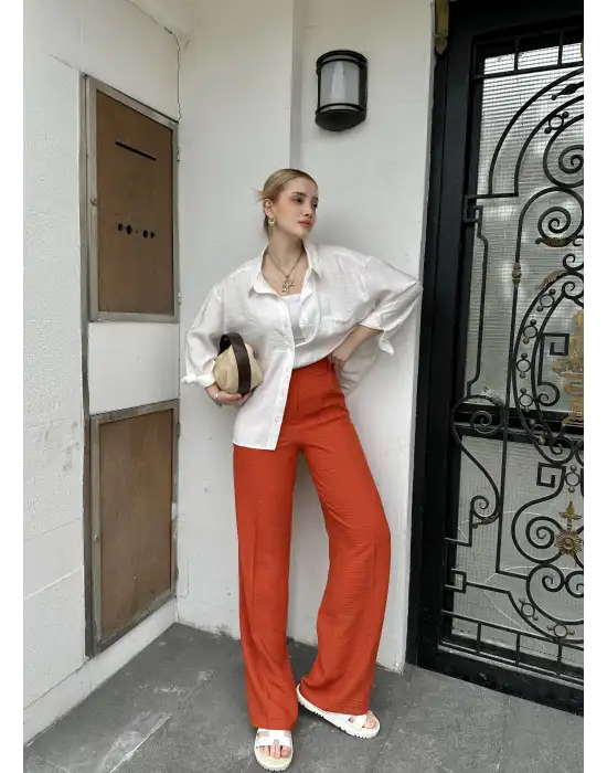 Pema Müslin Keten Düğmeli Kiremit Palazzo Pantolon