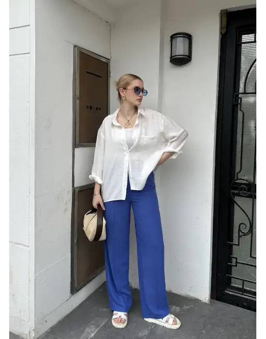 Pema Müslin Keten Düğmeli Mavi Palazzo Pantolon