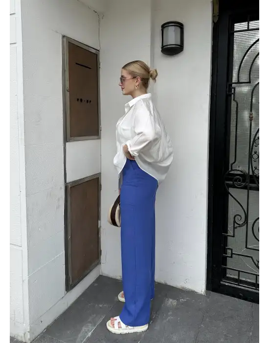 Pema Müslin Keten Düğmeli Mavi Palazzo Pantolon