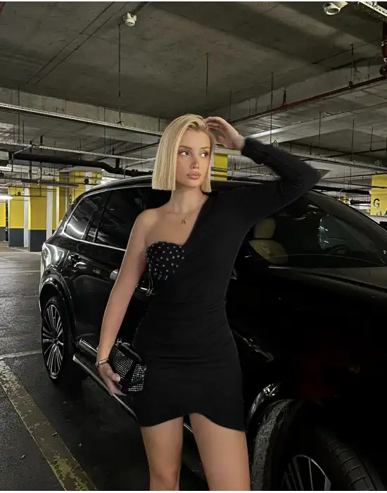 Pera Siyah Gloplu Taşlı Tek Kol Elbise