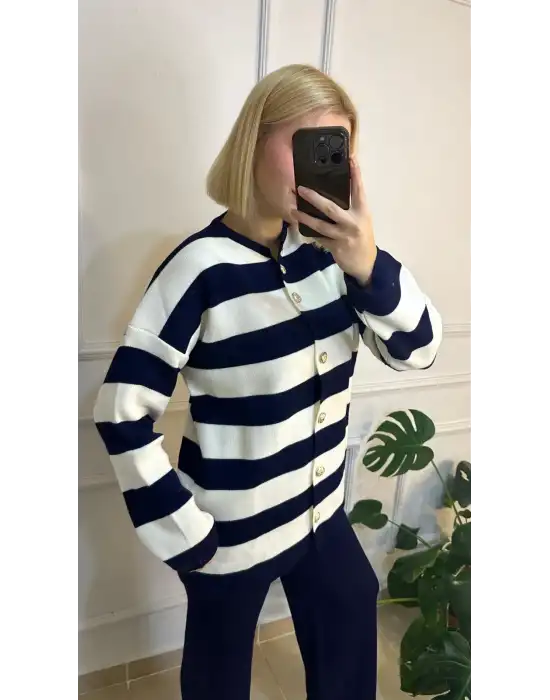 Perida Lacivert Gold Düğmeli Çizgili Hırka/Pantolon İkili Takım