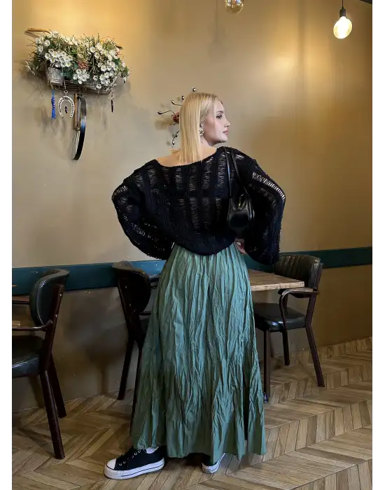 Polene Haki Crush Maxi Boy Uzun Etek