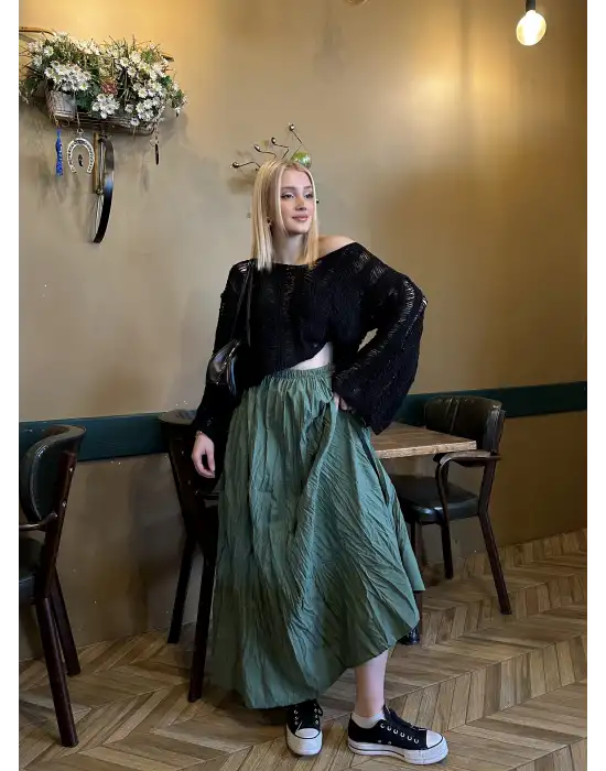 Polene Haki Crush Maxi Boy Uzun Etek