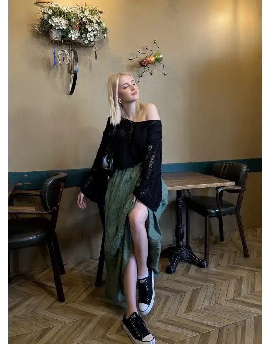 Polene Haki Crush Maxi Boy Uzun Etek