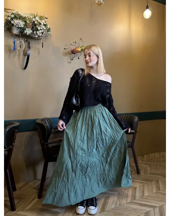 Polene Haki Crush Maxi Boy Uzun Etek