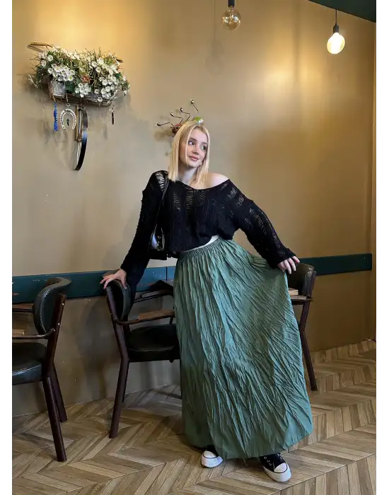 Polene Haki Crush Maxi Boy Uzun Etek