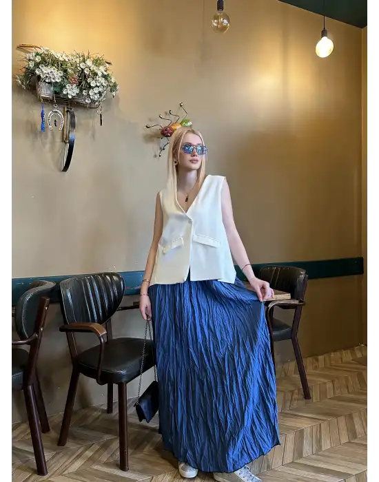 Polene İndigo Mavi Crush Maxi Boy Uzun Etek