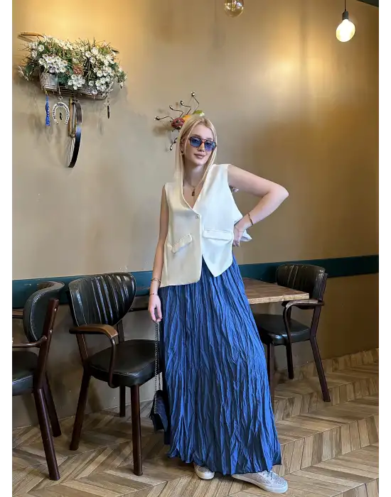 Polene İndigo Mavi Crush Maxi Boy Uzun Etek