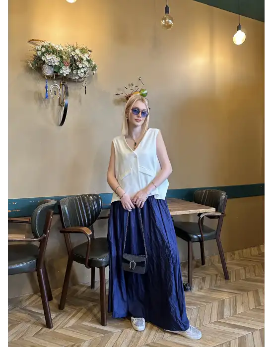 Polene Lacivert Crush Maxi Boy Uzun Etek