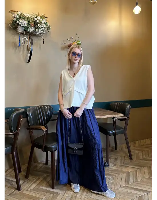 Polene Lacivert Crush Maxi Boy Uzun Etek