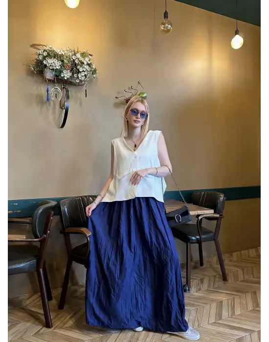 Polene Lacivert Crush Maxi Boy Uzun Etek