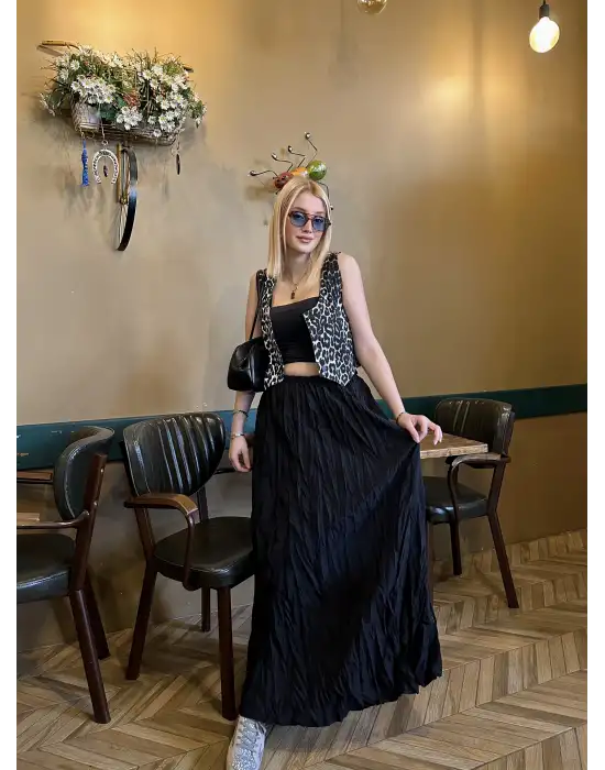 Polene Siyah Crush Maxi Boy Uzun Etek