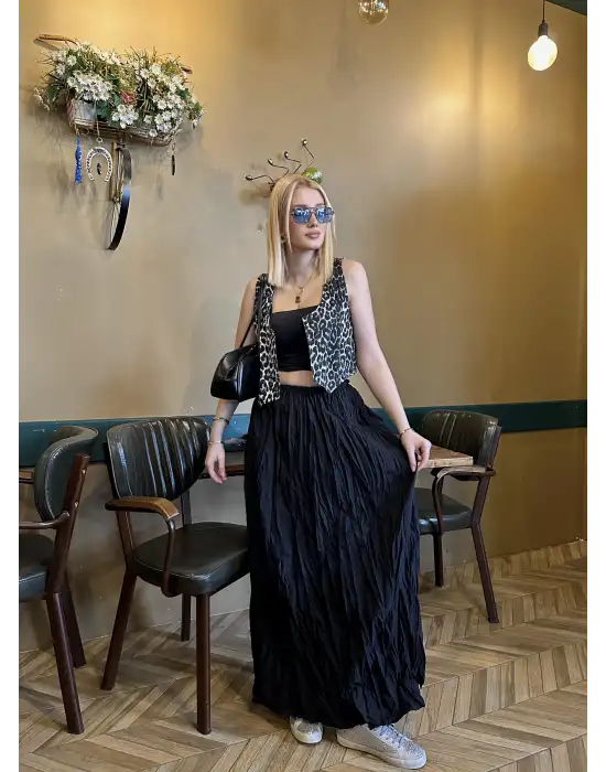 Polene Siyah Crush Maxi Boy Uzun Etek