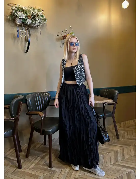 Polene Siyah Crush Maxi Boy Uzun Etek