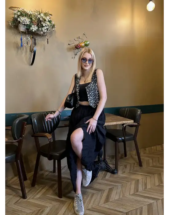 Polene Siyah Crush Maxi Boy Uzun Etek