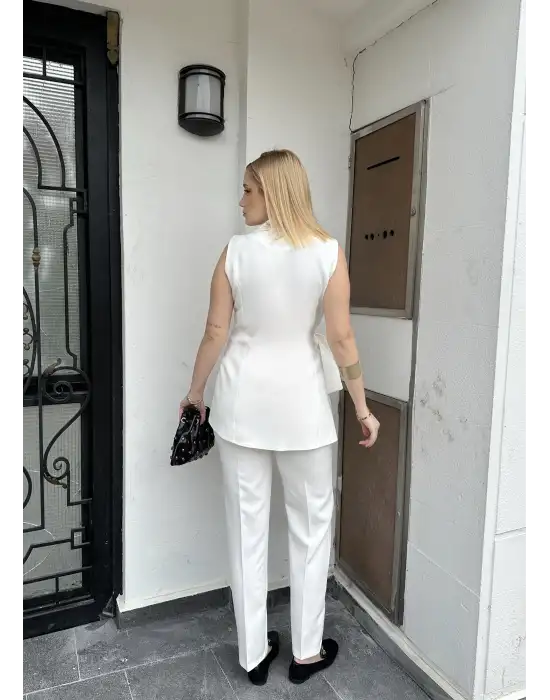 Reneta Beyaz Belden Bağlamalı Yelek Pantolon Takım
