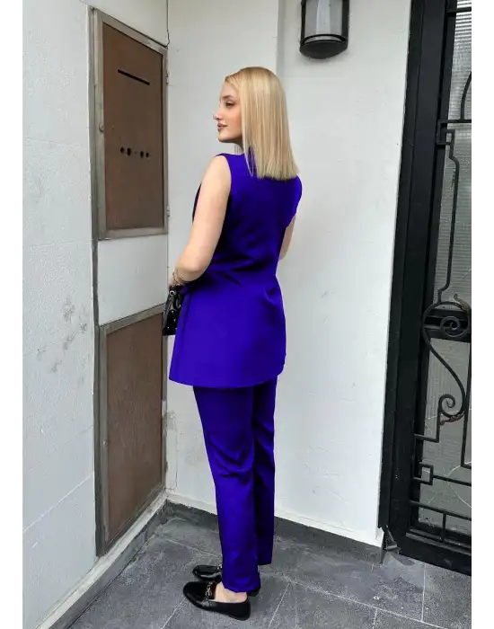 Reneta SaksMavi Belden Bağlamalı Yelek Pantolon Takım