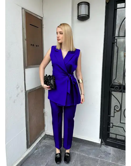 Reneta SaksMavi Belden Bağlamalı Yelek Pantolon Takım