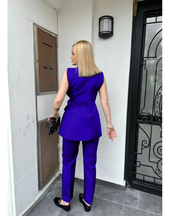 Reneta SaksMavi Belden Bağlamalı Yelek Pantolon Takım