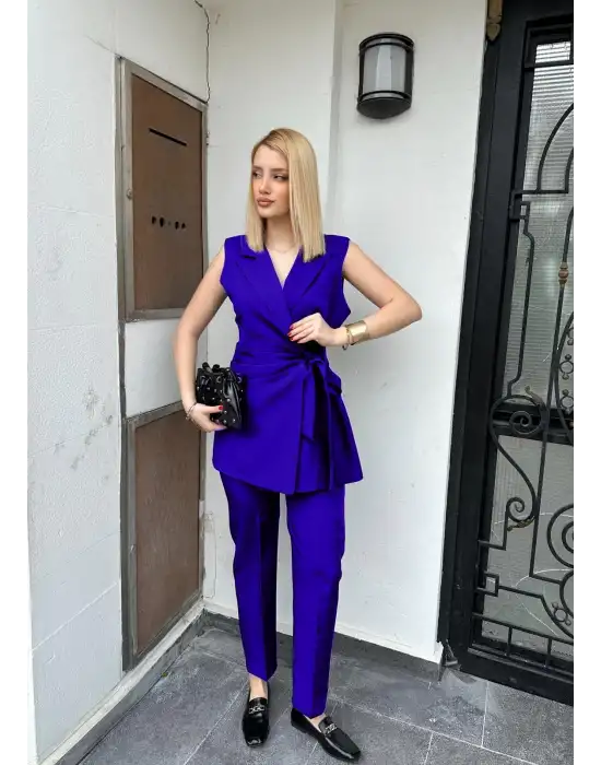 Reneta SaksMavi Belden Bağlamalı Yelek Pantolon Takım