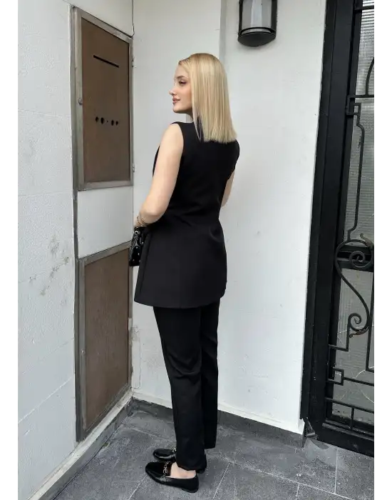 Reneta Siyah Belden Bağlamalı Yelek Pantolon Takım