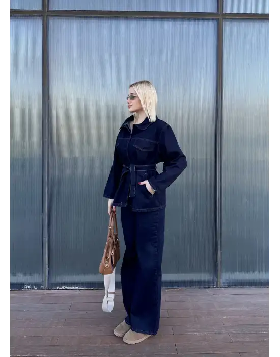 Rins Kuşaklı Ceket Pantolon Denim Takım