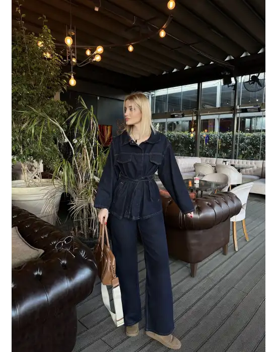Rins Kuşaklı Ceket Pantolon Denim Takım