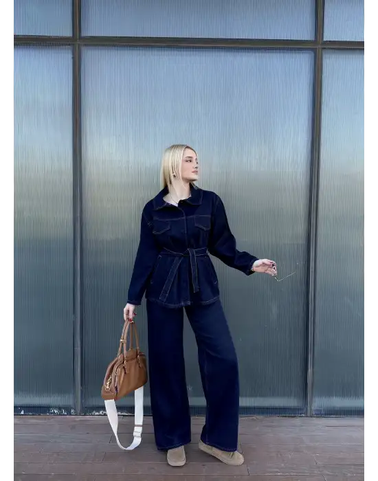 Rins Kuşaklı Ceket Pantolon Denim Takım