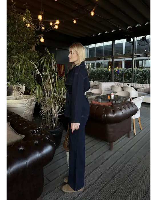 Rins Kuşaklı Ceket Pantolon Denim Takım