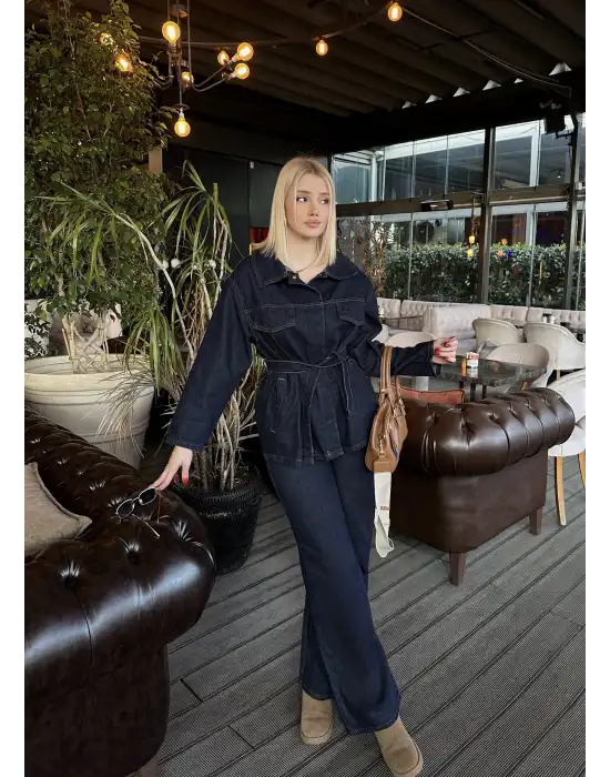 Rins Kuşaklı Ceket Pantolon Denim Takım