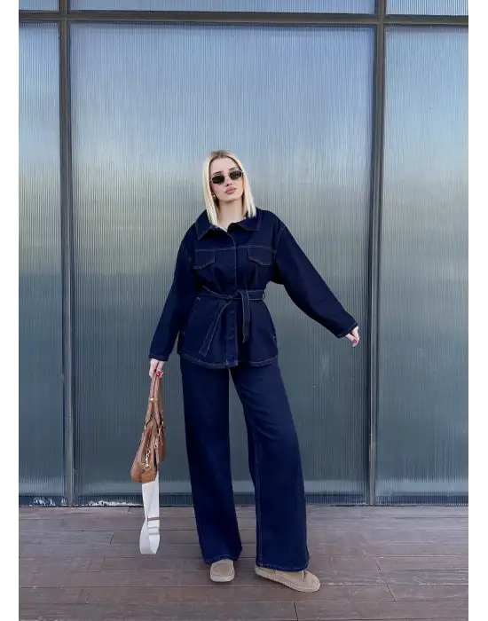 Rins Kuşaklı Ceket Pantolon Denim Takım