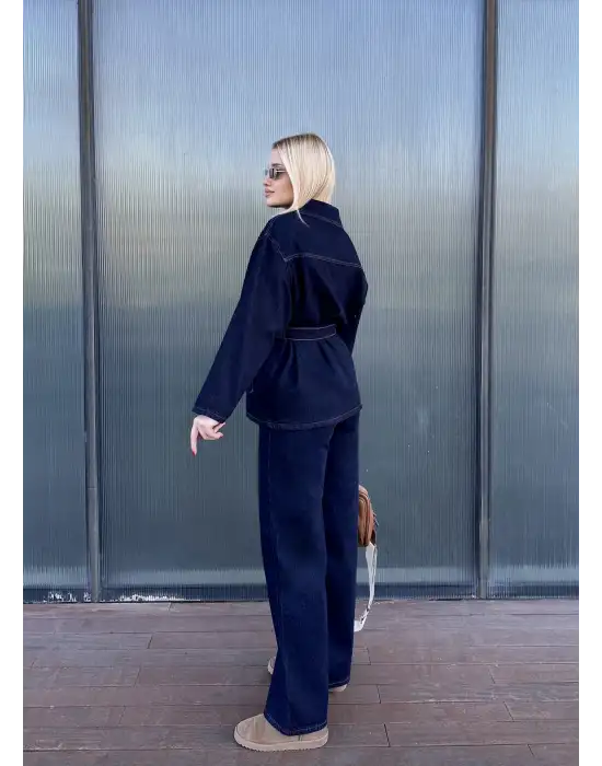 Rins Kuşaklı Ceket Pantolon Denim Takım